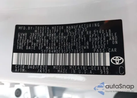 2025 Toyota Corolla Le z USA, uszkodzony, nr VIN 5YFB4MDE9SP270850